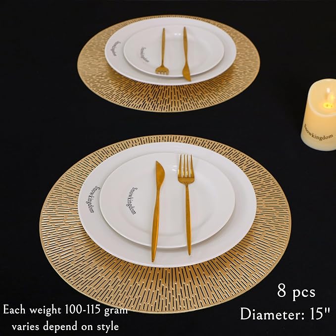 Snowkingdom Gold Placemats Round Set of 8, Gold Metallic Hollow Vinyl 15 Inch Round Placemat, Washable Wipeable Easy Clean Non Slip Stain Kitchen Dining Table Place Mats for Wedding Party Decoration