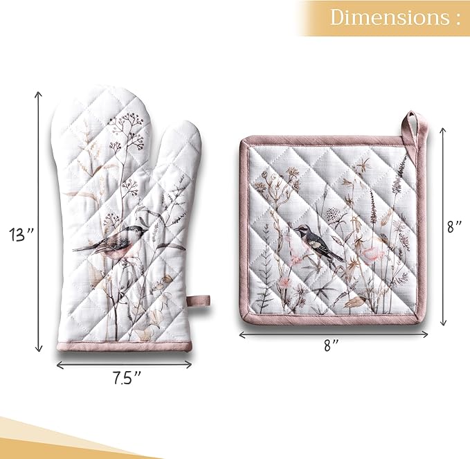 Maison d' Hermine 100% Cotton Oven Mitt & Pot Holder Set (7.5"x13" & 8"x8") Heat Resistant BBQ Cooking Gloves with Loop Baking Kitchen Gifts for Mothers Day Spring/Summer (Meadow Florals - Brown)