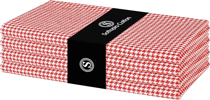 Cloth Napkin 100% Cotton Set of 4 Decorative Washable Houndstooth Check Table Napkins for Dining, Home, Wedding, Banquet - Red (18”X18”)