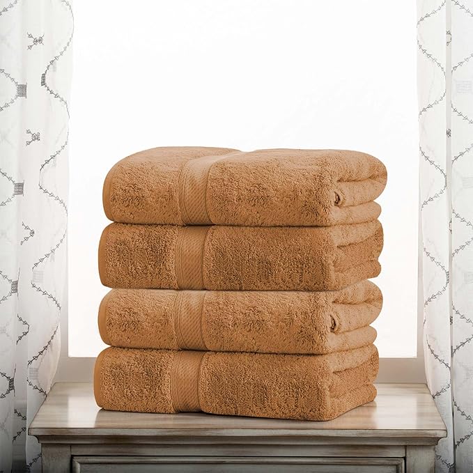 Superior Egyptian Cotton Pile Bath Towel Set of 4, Ultra Soft Luxury Towels, Thick Plush Essentials, Absorbent Heavyweight, Guest Bath, Hotel, Spa, Home Bathroom, Shower Basics, Rust