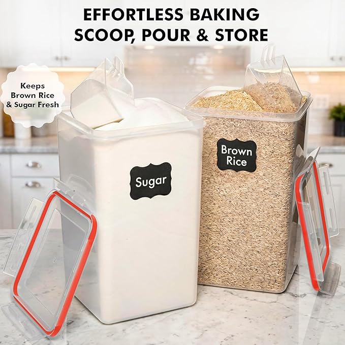 WHITE FEATHER SUPPLIES 2 PC [6.5L / 220 Oz] Large Flour Sugar Storage Containers - Leak Proof, BPA Free, Clear Plastic Food Storage Containers with Lids Airtight - Bulk Storage for Kitchen and Pantry