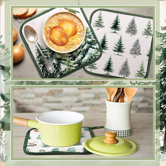 Bencailor 12 Pcs Pot Holders with Pocket Kitchen Hot Potholders Hot Pad Oven Mitts Cookie Bag Oven Gloves for Kitchen Gift Baking Cooking (Green,Reindeer)