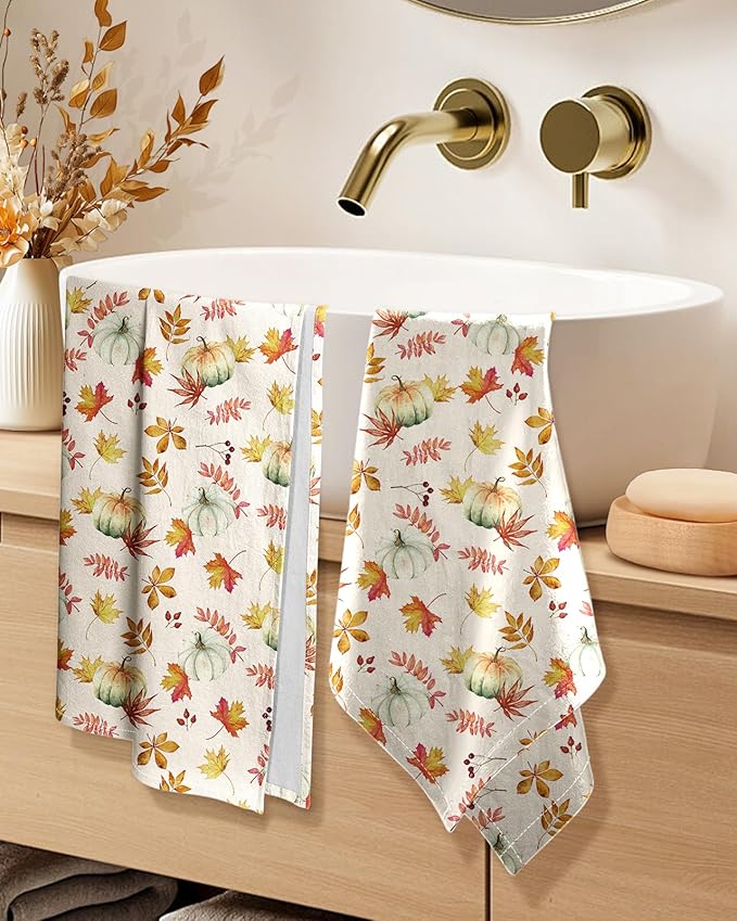 Miss Adola Flour Sack Kitchen Towels Set of 2-18x26 Inch Dish Towels with Hanging Loop Autumn Fall Absorbent Reusable Cotton Cloths for Cleaning Cute Design Home Decor Housewarming, Pumpkin Leaf