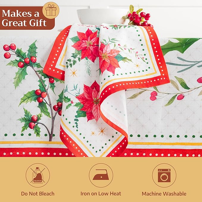 Maison d' Hermine Cloth Napkins Set of 4 100% Cotton for Thanksgiving Christmas Decorations Everyday Reusable Square Fall Napkins Cloth Washable Dinner Party (Poinsettia Christmas, 20"x20")