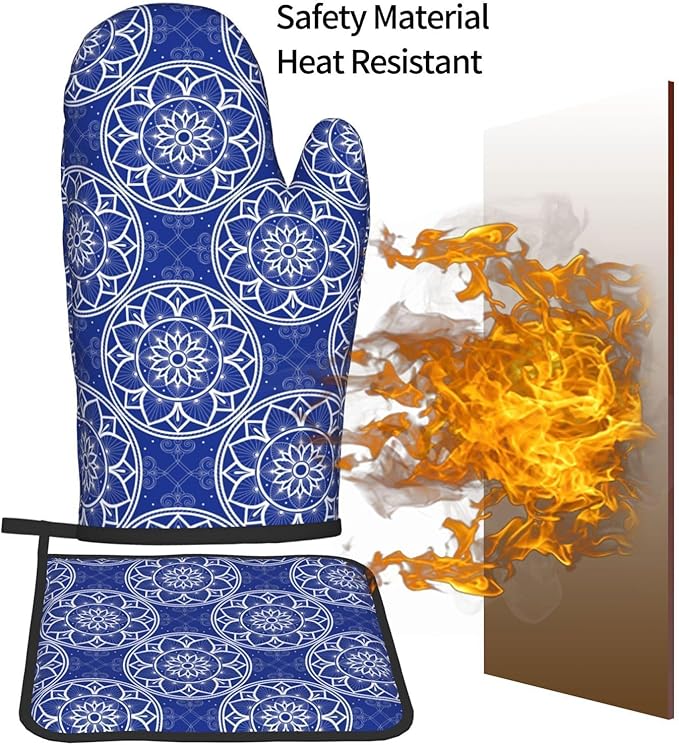 Chinoiserie Blue and White Floral Oven Mitts and Pot Holders Sets of 3, Heat Resistant Non-Slip Boho Kitchen Gloves for Baking Cooking Grilling, Navy Blue Hot Pads for Kitchen Decor, Gifts for Women