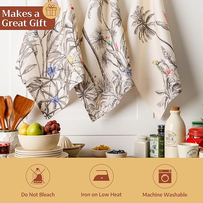 Maison d' Hermine Kitchen Towels Set of 3 100% Cotton 20" x 27.5" Reusable Cloth Tea Dish Towels Absorbent with Hanging Loop for Kitchen Dining Thanksgiving Christmas Decorations (Amazonia)