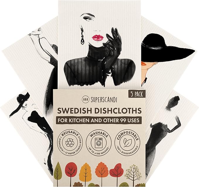 SUPERSCANDI 5 Pack Swedish Dishcloths for Kitchen - 100% Biodegradable & Compostable | Reusable Paper Towels Washable, Food-Safe & Without Plastic - Dish Rags Suitable for Any Surface | Fashion