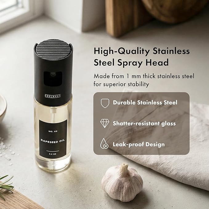 EDELHAUS Oil Sprayer Set of 2 Oil Spray Bottle Made of Stainless Steel & Glass, for Healthy Cooking, Sprayer for Precise Dosage, for Cooking Oil & Vinegar Including (Black Lids, 2 Pack)