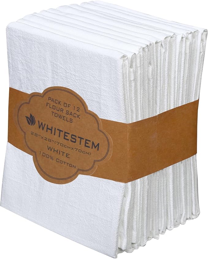 Flour Sack Towels 28” x 28” – Pack of 12 Cotton Kitchen Towels, Dish Towels and Tea Towels for Embroidery, Thick Absorbent for Baking & Bread Proofing - White
