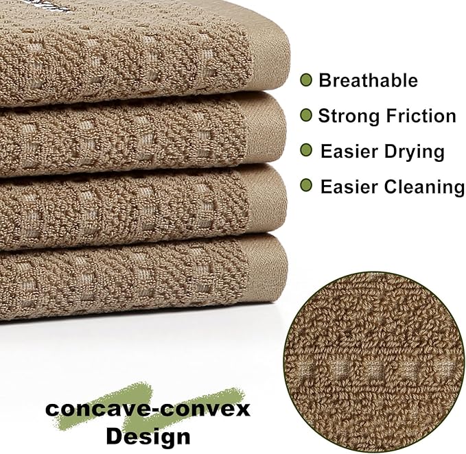 SALAS Kitchen Dish Towels, Bulk Cotton Kitchen Hand Towels, 390 GMS Plaid Dish Cloths Rags for Drying Dishes with Hanging Loop, 16‘’ x 26‘’, 3 Packs, Khaki