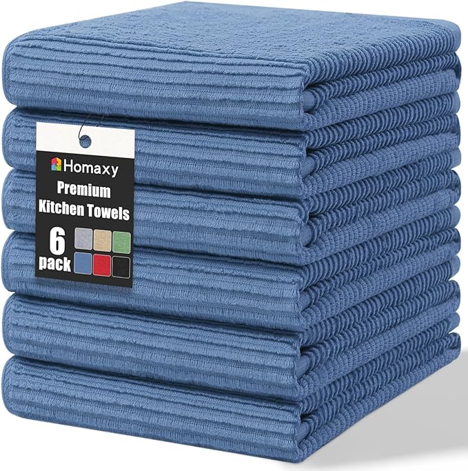 Homaxy Premium Kitchen Towels (18"x 28", 6 Pack), Large 100% Cotton Kitchen Hand Towels, Ultra Absorbent Ribbed Terry Tea Towels Set with Hanging Loop, Black
