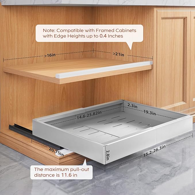 Seinloes 2 Pack Pull Out Cabinet Organizers 21" Deep With Raising Pad for Framed Cabinets, Expandable Width (15.2"-26.3") Slide Out Drawers Upgrade 3 Slide Rails, Roll Out Shelves Adhesive, Silver