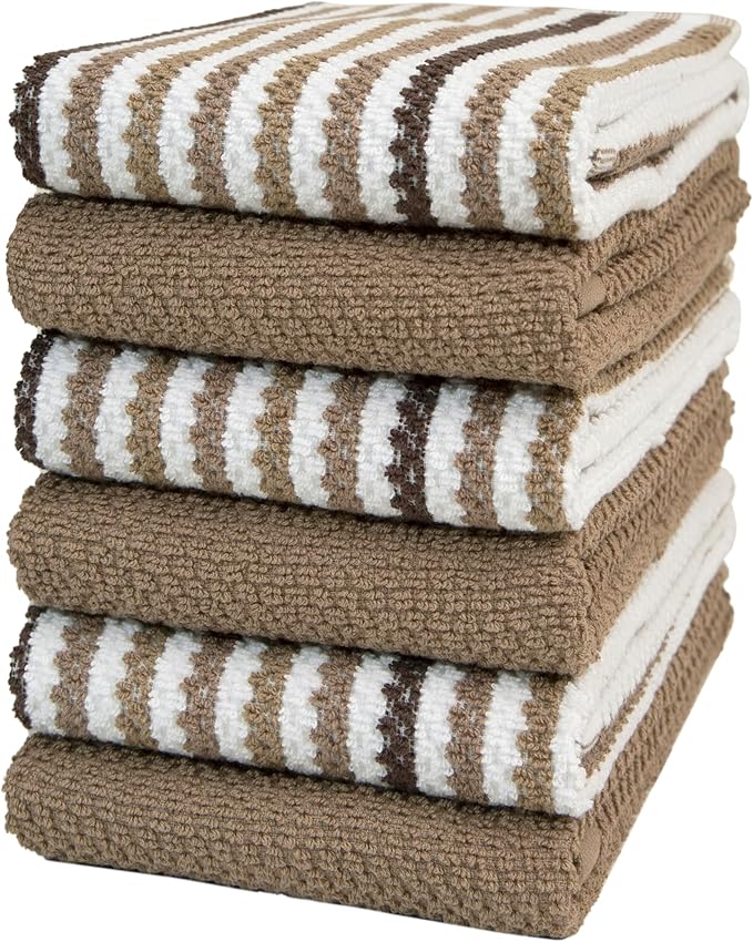 Premium Kitchen Towels (16”x 26”, 6 Pack) | Large Cotton Kitchen Hand Towels | Popcorn Striped Design | Dish Towels | 430 GSM Highly Absorbent Tea Towels Set with Hanging Loop | Tan