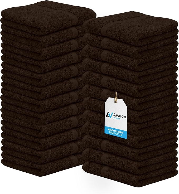 Avalon Towels Cotton Washcloths 24-Pack – 12 x 12 Inch Brown Super Soft & Absorbent Ring-Spun Cotton Wash Cloths for Face, Bath, Spa, Gym, Hotel & Cleaning