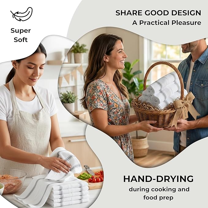 Bulk Kitchen Towels Cotton for Chefs in Commercial Restaurants - 15"X25" - 12 Pack - White Linen Tea Dish Towels - Lint Free Soft Absorbent Side Gray Striped Herringbone Weave Towles