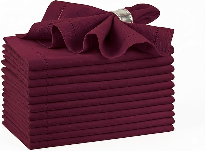 Palisa Burgundy Cotton Napkins Set of 12 | Premium Hemstitch Detailing Cloth Dinner Napkins 18x18 Inch | Soft Washable & Reusable Table Napkins for Everyday Use Weddings Parties Restaurants & Hotels
