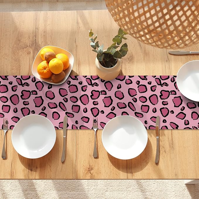 Black Pink Leopard Print Table Runner 72 Inches Long, Animal Style Table Runner Dresser Scarves, Burlap Dining Room Table Decor for Kitchen Farmhouse Indoor Outdoor Home Party