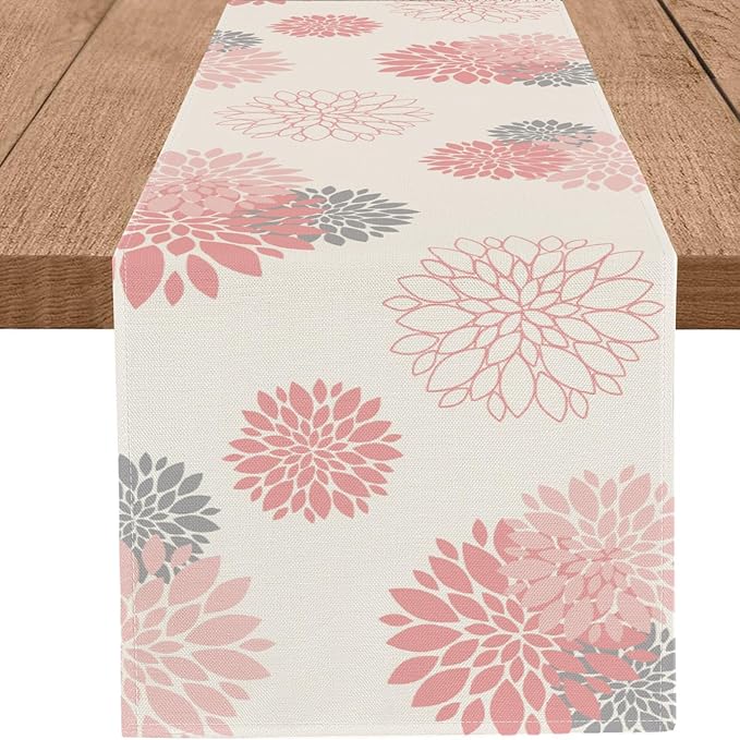 Pink Gray Table Runner Dahlia Pinnata Flower Beige Table Runners Modern Elegant Pompon Farmhouse Geometric Table Center Decor for Girls Room Dining Party Patio (13 x 72 Inch)