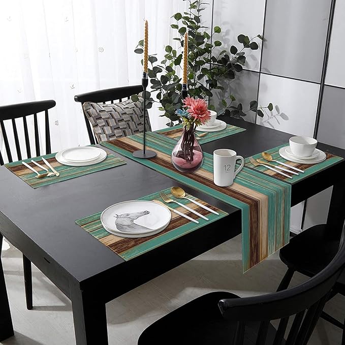 ArtSocket Farmhouse Table Runner and Placemats Set of 6, Blue Teal Green Board Painting Art Dining Decor for Daily Use(1 Table Runner 72 inches Long and 6 Placemats)