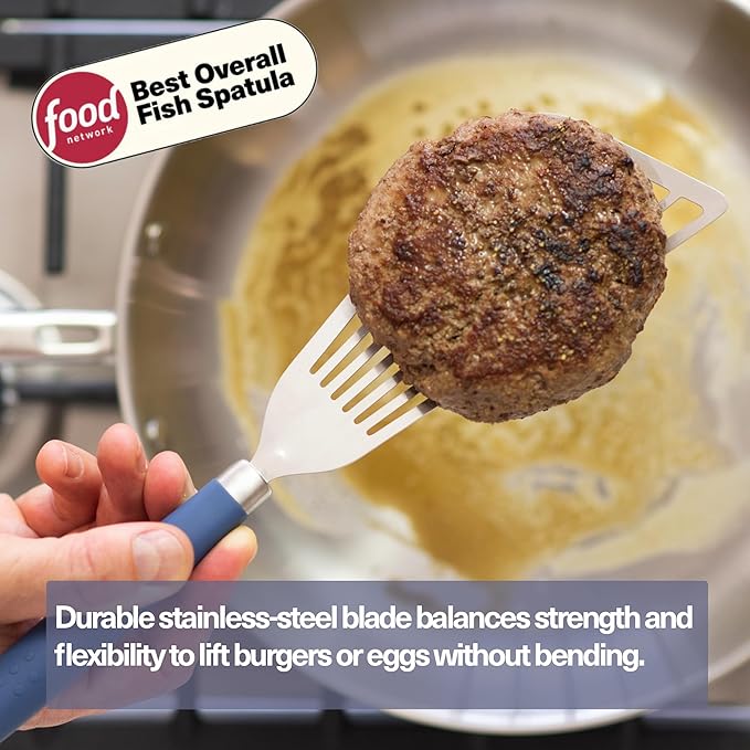 Misen Fish Stainless Steel Spatula - Slotted Turner for Cooking - Perfect for Frying - Heat Resistant - Dishwasher Safe -1mm Thick Flexible Flipper - Soft Silicone Grip Handle for Easy Use