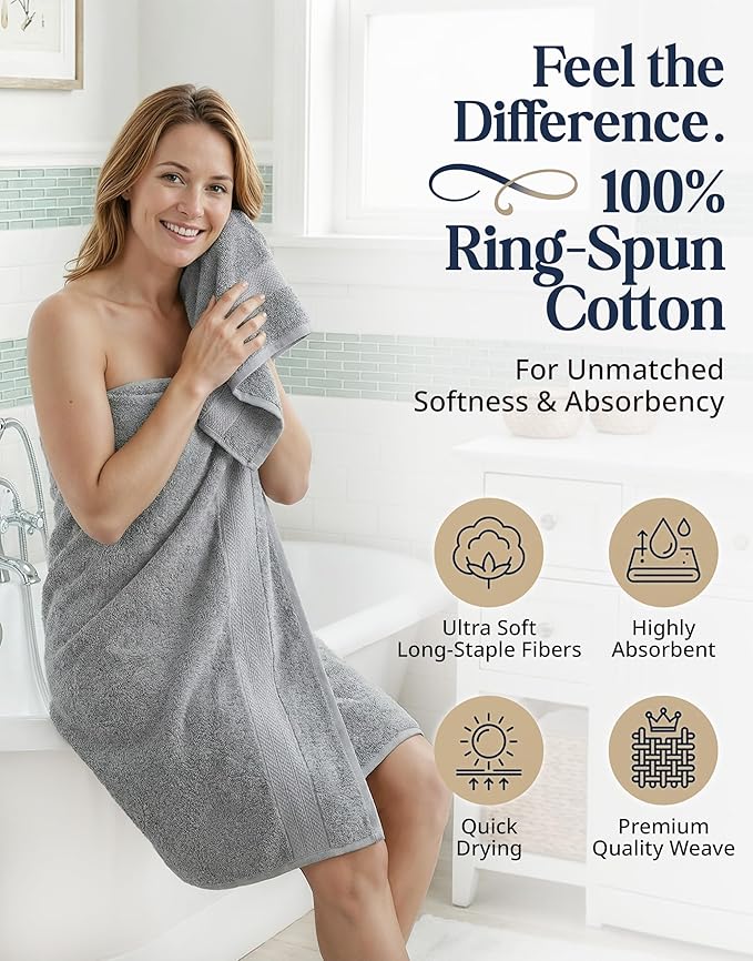 LANE LINEN 100% Cotton Turkish Towel Set for Bathroom - 16 Piece - Super Soft, Quick Dry & Highly Absorbent - 4 Bath, 8 Wash cloths, 4 Hand Towels - Hotel Quality, Durable & OEKO-TEX Certified - Grey