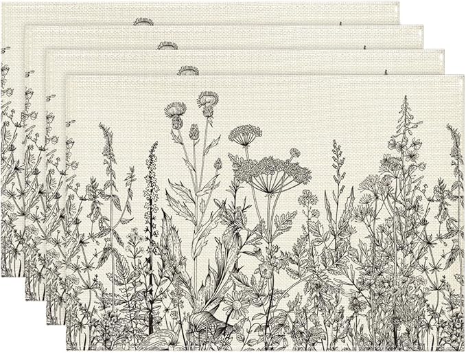 Artoid Mode Grey Antique Herbs and Wild Flowers Spring Placemats Set of 4, 12x18 Inch Seasonal Table Mats for Party Kitchen Dining Decoration