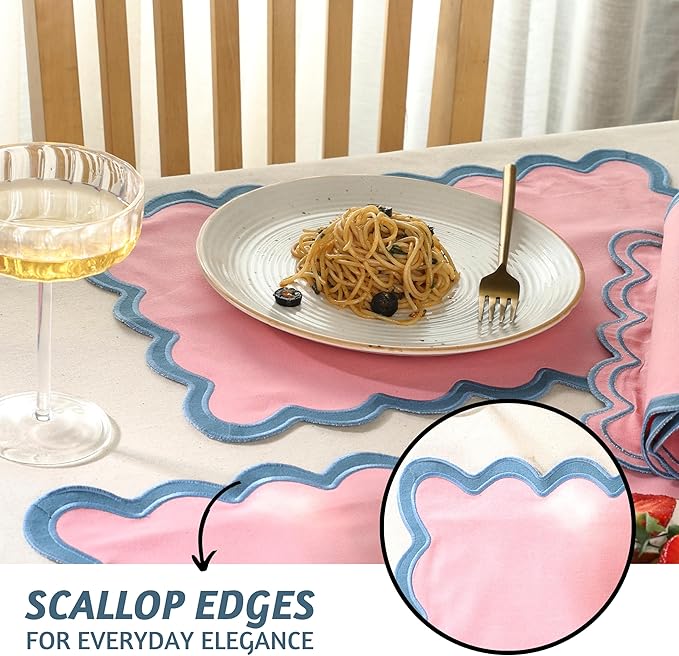 Folkulture Placemats Set of 4 (13 x 19) | 100% Cotton, Cute, Heat Resistant,Machine Washable Scalloped Place Mats | Pink Rectangular Cloth Table Placemats or Dining Table Mats for Dinner Party