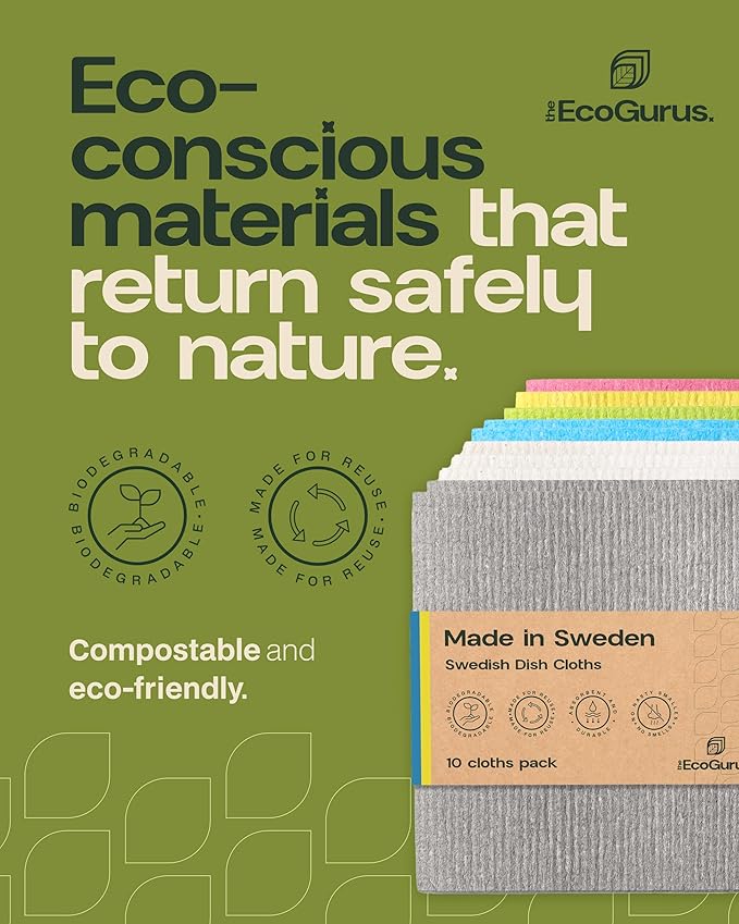 10 Pack Odour-Resistant Reusable Cleaning Cloths | Original Swedish Dishcloth | Made in Sweden | Suitable for All Surfaces | Biodegradable Cellulose Sponge | Kitchen & Bathroom | White
