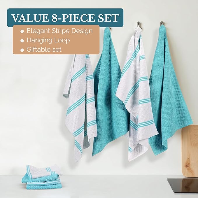 Casa Platino Kitchen Towels and Dish Towels for Kitchen, Cotton 8 Piece Set Includes 4 Hand Towels & 4 Dish Cloths, Refresh Your Prep Space with Vibrant, Quick-Dry Utility – Aqua