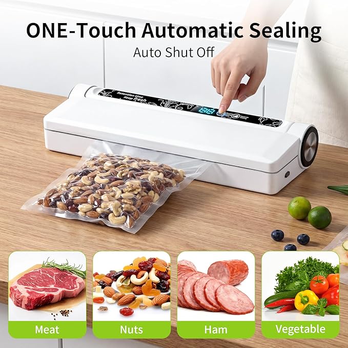Vacuum Sealer Machine 95KPA Powerful Suction, 10s Fast Seal, Dry & Moist Modes, Compact Food Vacuum Sealer with 30 Bags Included, Automatic Food Saver for Meal Prep, Sous Vide & Kitchen Storage
