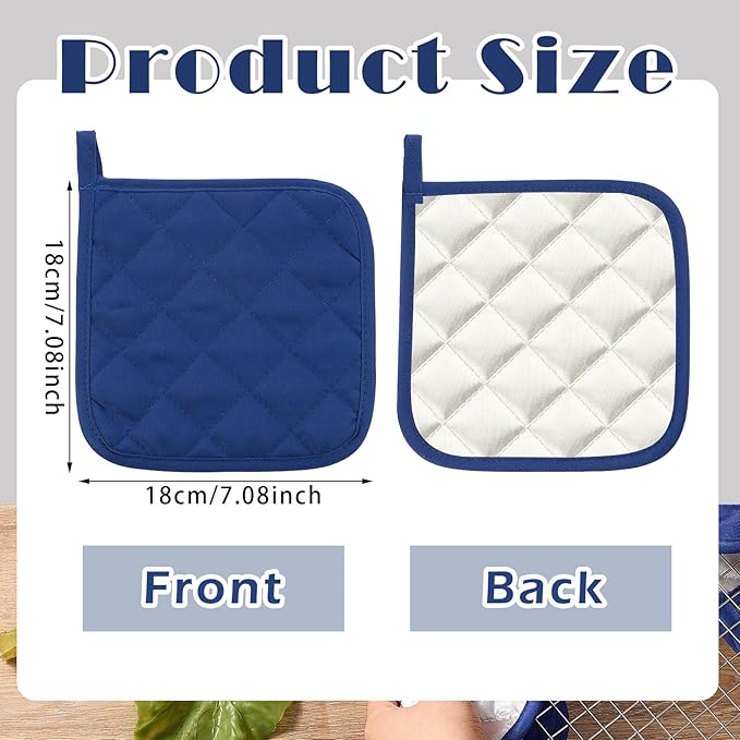 Bokon 24 Pcs Pot Holders for Kitchen, Blue Potholders Sets, Heat Resistant Cotton Hot Pad Oven Mitts Trivet with Hanging Loops for Baking Cooking