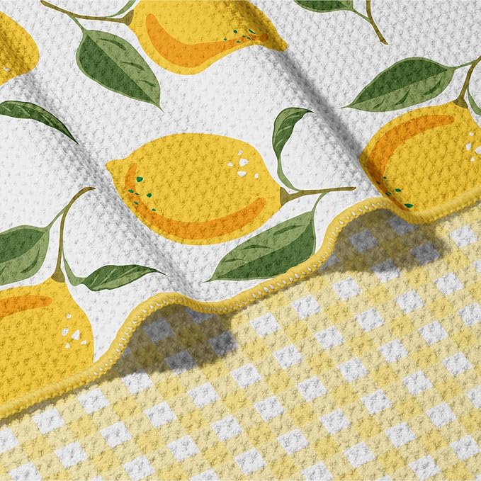 HALL & PERRY Kitchen Tea Towel, Ultra Soft, Quick Dry Microfiber Dish Cloths - 18"x30" Premium Quality Waffle Towel - Stripes and Plaid, Lemon Yellow & Checks (1, Reese)