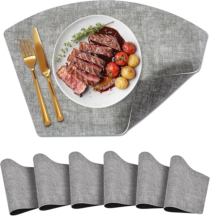 Round Table Placemats Set of 6 Dual-Sided Wedge Shape Faux Leather Table Mats, Washable Wipeable Heat Resistant Place Mats for Outdoor Indoor, Light Gray/Gray