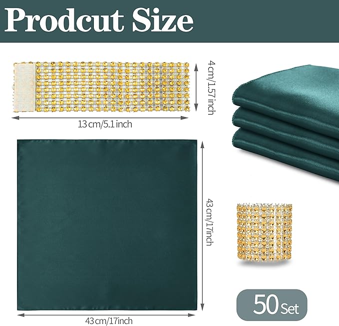 RUDONG M 100 Pcs Dark Green Satin Napkins and Napkin Rings Set, 17 x 17 Inch Square Cloth Napkins Set of 50, Silky Soft Table Napkins Bulk for Weddings, Banquet, Parties Dinner Decoration