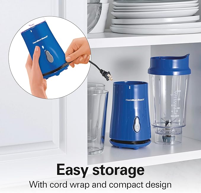 Hamilton Beach Portable Blender for Shakes and Smoothies, 14 Oz BPA Free Travel Cup & Lid, Durable Stainless Steel Blades, Personal Smoothie Blender, Blue, 51132G