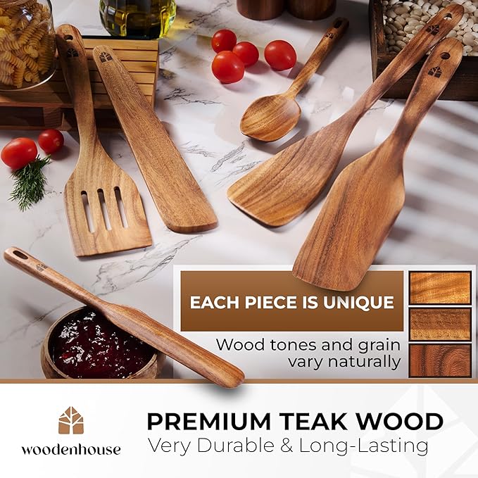 Wooden Spatula for Cooking - Non-Scratch, Sturdy, Natural Teak Cooking Utensils - Easy to Clean Wooden Spatula Set with Turner, Scraper, Slotted & Frying Wood Spatulas, Jar Scraper, Spoonula - 6 Pcs