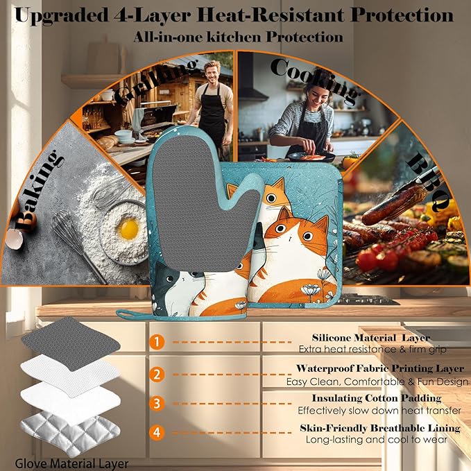 Cute Cartoon Cat Oven Mitts and Pot Holders Sets Funny Cat Silicone Heat Resistant Kitchen Oven Gloves Pot Holder for Cooking Baking Grilling BBQ