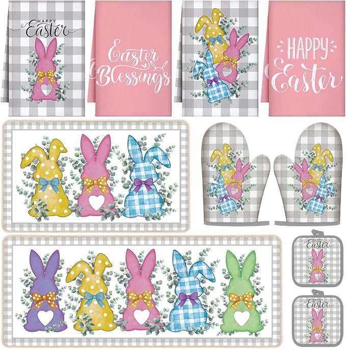 VitalCozy 10 Pcs Easter Bunny Kitchen Decor Set 4 Kitchen Towels 2 Pot Holders 2 Oven Mitts 2 Rugs for Gift Cooking Baking Grilling Housewarming