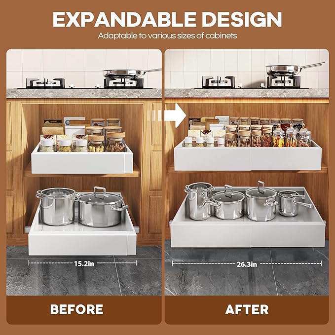 Seinloes 4 Pack Expandable Width (15.15"-26.3") Pull Out Cabinet Organizer 21" Deep with Raising Pad for Framed Cabinets, Upgrade 3 Slide Rails Slide Out Drawers, Roll Out Shelves Adhesive, White