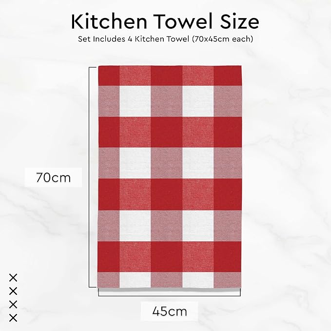 Encasa XO Cotton Kitchen Towel Set | Hand and Tea Cloth for Cleaning & Quick Drying, X-Large 28"x18" (Pack of 4) Highly Absorbent - Buffalo Red Checks