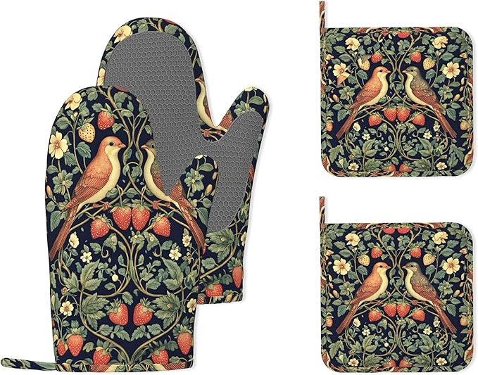 Retro Strawberry Bird Plant Flower Silicone Oven Mitts and Pot Holders,Heat-Resistant 4 Piece Kitchen Set Non-Slip Oven Gloves and Hot Pads for Cooking, Baking, Grilling,BBQ