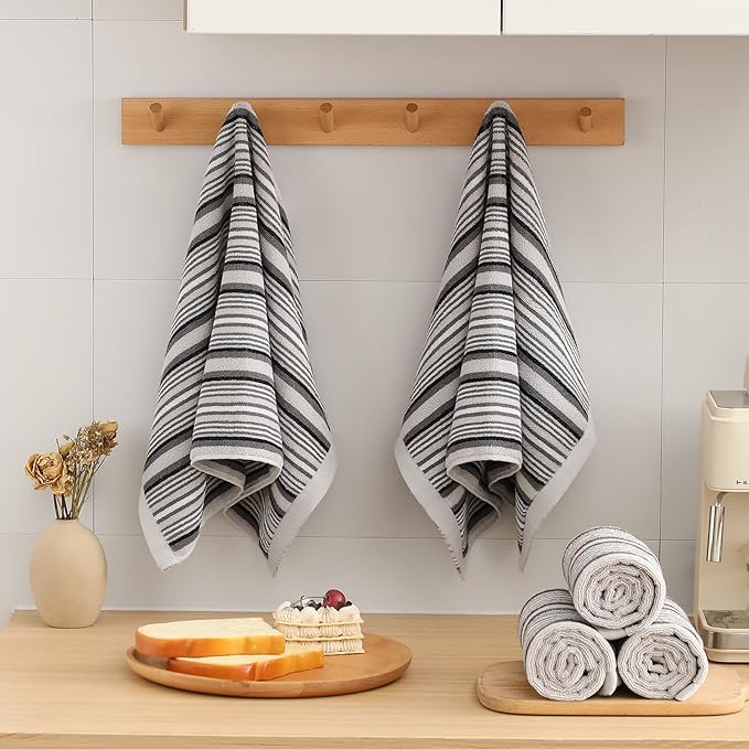 SALAS Premium Cotton Kitchen Dish Towels for Drying Dishes,Large Long Kitchen Hand Towels, Thick Highly Absorbent Dish Clothes Tea Towel Sets with Hanging Loop, 16" X 26", 4 Pcs, Gray