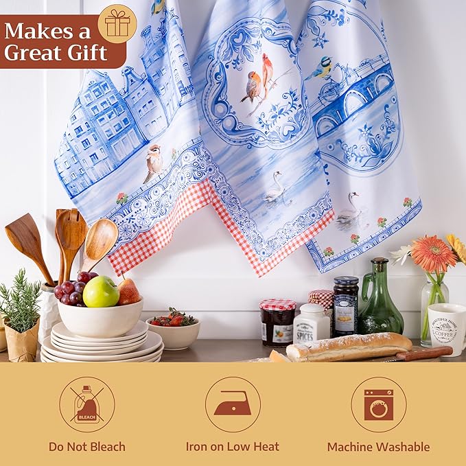 Maison d' Hermine Kitchen Towels Set of 3 100% Cotton 27.50" x 20" Reusable Cloth Tea Dish Towels Absorbent with Hanging Loop for Kitchen Gifts for Mothers Day Spring/Summer (Amsterdam Canals)