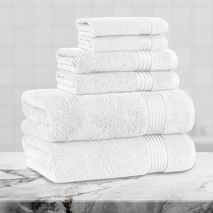 Mocassi Luxury 100% Turkish Cotton 6-Piece Towel Set - Ultra Soft, Quick Dry Highly Absorbent Premium Spa Hotel Quality Bath Towels, Includes 2 Bath Towels, 2 Hand Towels and 2 Washcloths, White
