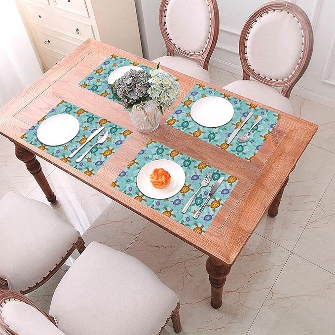 Cute Sea Turtle Placemats Set of 4, Washable Non-Slip Heat-Resistant Ocean Themed Decorative Kitchen Table Mats for Dining Outdoor Party Home Decor 12"x18" Teal Nautical Linen Place Mats