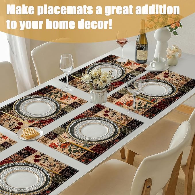 Rustic Rooster Placemats Set of 6, Flower Floral Linen Place Mat Washable Stain Resistant Table Mats for Farmhouse Kitchen Dining Holiday Party Wedding Decor 12x18 Inch