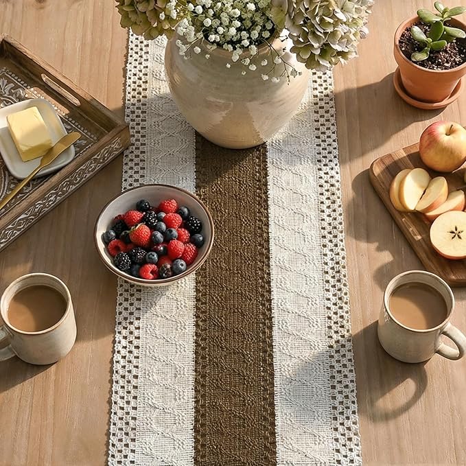 Artoid Mode Light Coffee Farmhouse Rustic Table Runner, Seasonal Holiday Hollow Kitchen Dining Table Decoration for Home Party Decor 12x90 Inch
