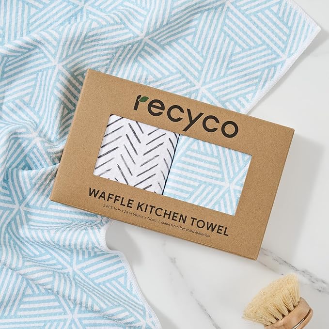 RECYCO Waffle Kitchen Towel Set of 2 - Quick Dry Microfiber Sustainable Dish Towels - Ultra Absorbent Reusable Cleaning Tea Towels - Lightweight Hand Towels,16”x 28”, Modern Maze