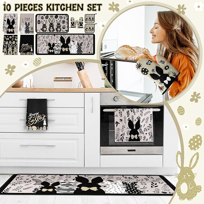 Fourluoo 10 Pcs Easter Bunny Kitchen Decor Set Easter Kitchen Towels Oven Mitts and Pot Holder Spring Eggs Flowers Rugs and Mats Black Rabbit Gloves Potholders for Farmhouse Rustic Baking Cooking BBQ