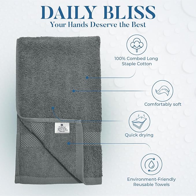 DAN RIVER 6-Pack Premium Hand Towels (16x28 Inches) - 100% Cotton, Ultra Soft, Lightweight, Highly Absorbent Towels for Bathroom, Spa, Gym, Salon, Hotel, and Travel – Gray